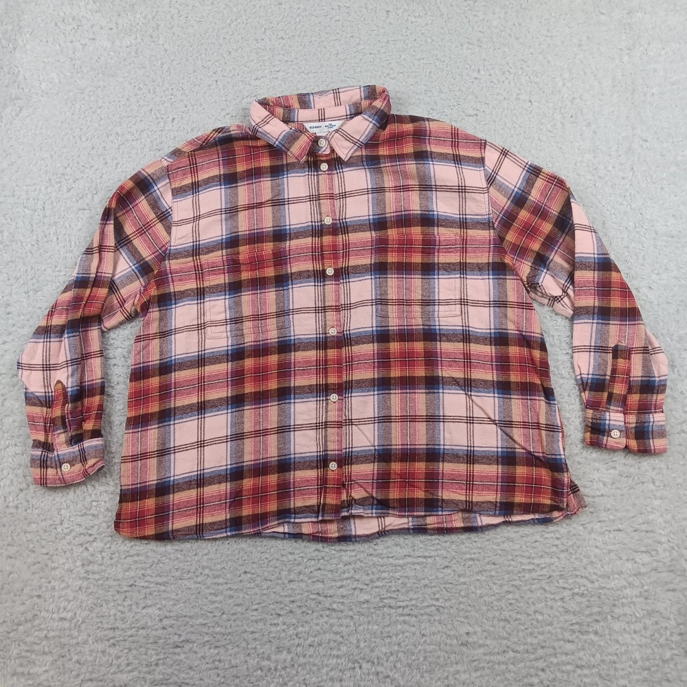 Old Navy Flannel The Boyfriend Shirt Womens XL Red Plaid Long Sleeve Hi-Hip Hem
